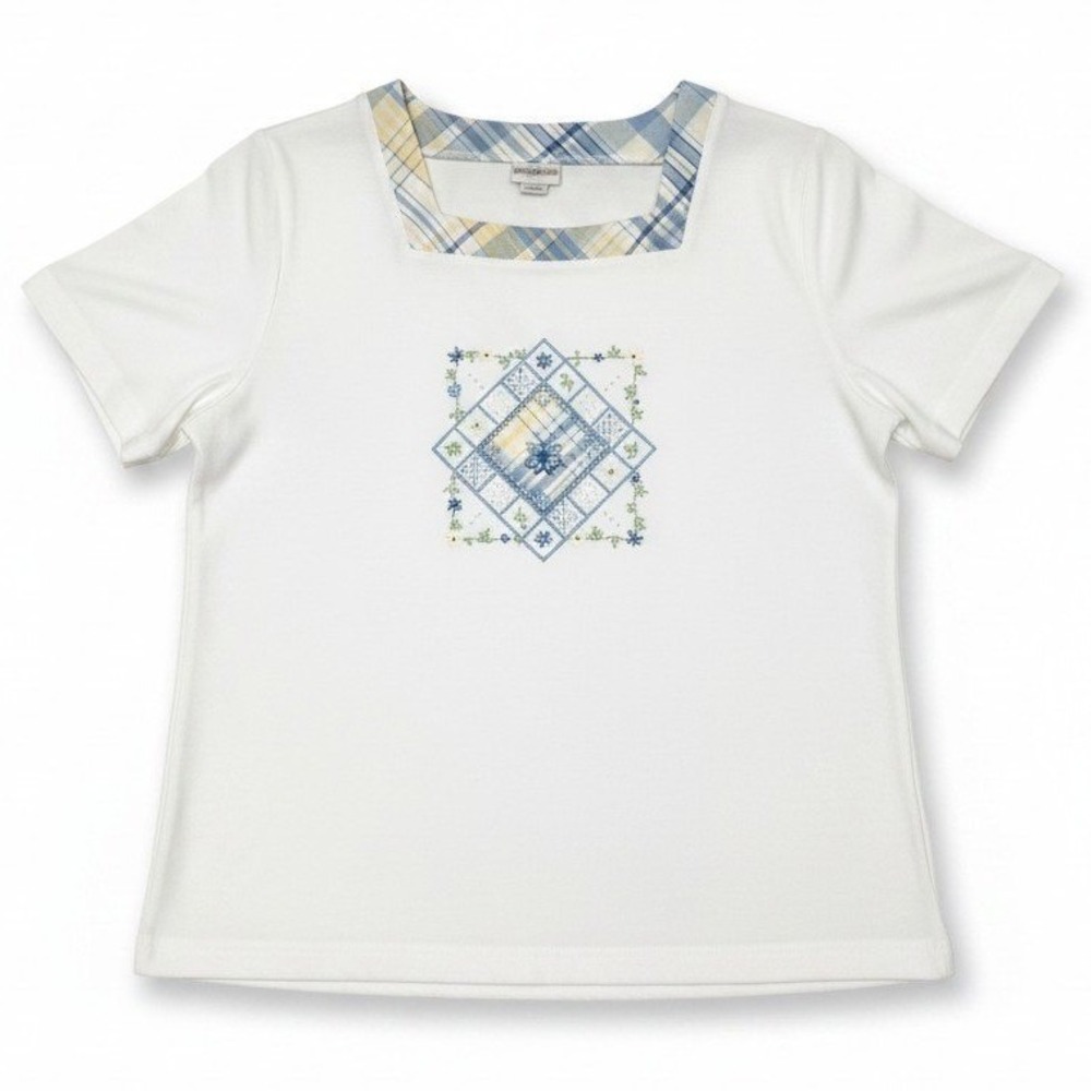 Koret White Square Neck Plaid Trim Embroidered Beaded Top, Women's Large 1631616